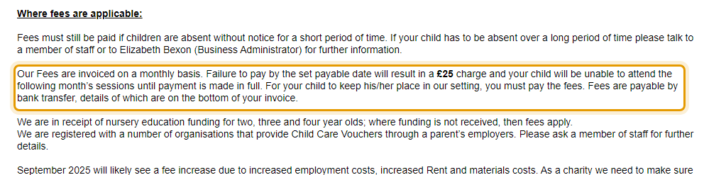 The fees as published on gothamplaygroup.org.uk/fees