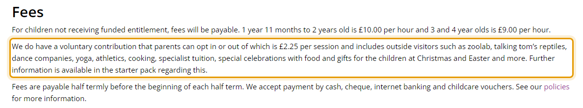 The fees as published on maidenbowerplaygroup.org.uk/admissions