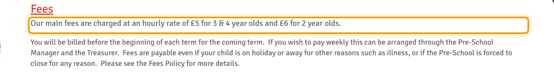 The fees as published on tytheringtonpreschool.com/term-dates-sessions-fees