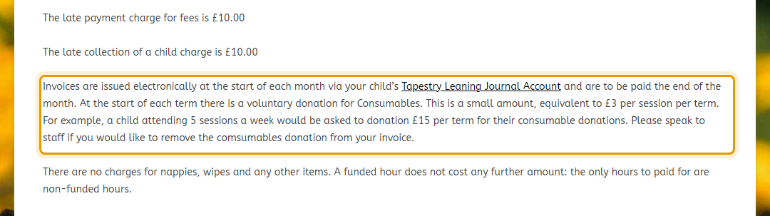 The fees as published on beehivepreschool.org/fees
