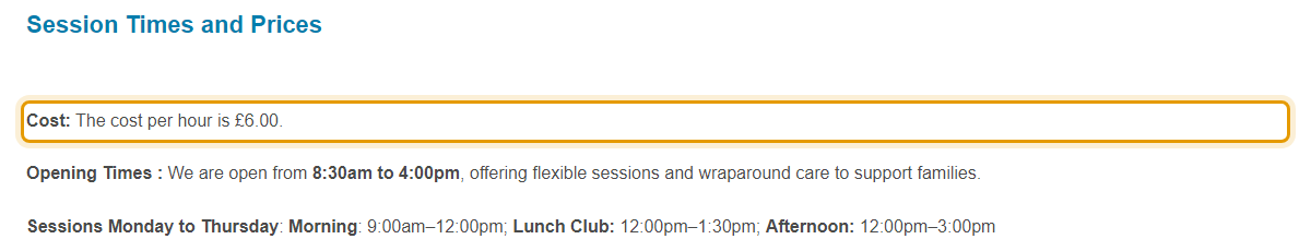The fees as published on greatbowdenpreschool.co.uk/session-times-and-prices