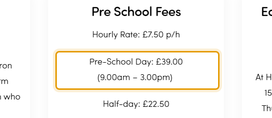 The fees as published on hilltopspreschool.co.uk/about/fees-funding
