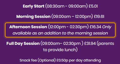 The fees as published on jackandjillslichfield.co.uk/sessions-and-fees