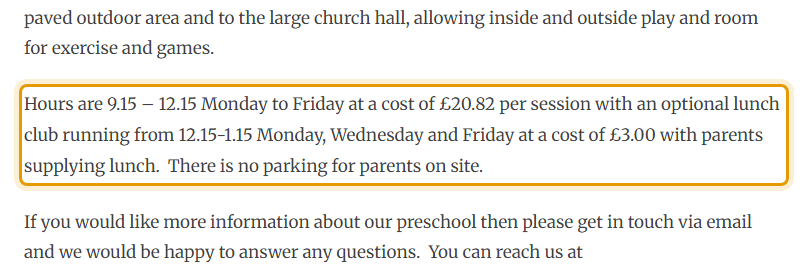 The fees as published on holmwoodpreschool.com