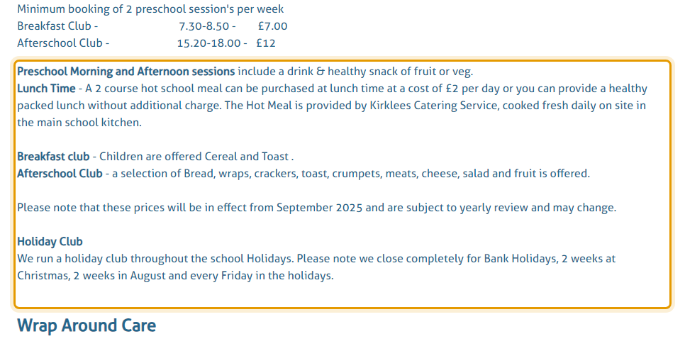 The fees as published on rowleylanepreschool.co.uk/pricing--sessions.html