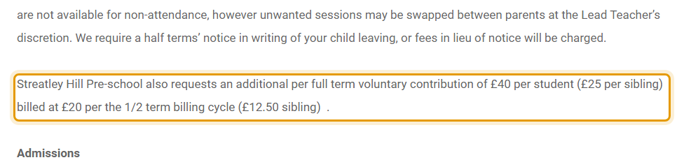 The fees as published on streatleyhillpreschool.com/timetable--costs.html